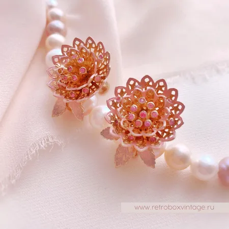 VENDOME Брошь и клипсы «Розовые ажурные хризантемы»