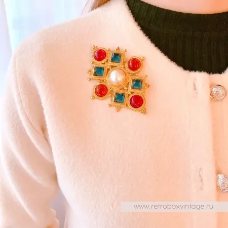 BEN AMUN Брошь "Византия" с цветными кабошонами и жемчугом