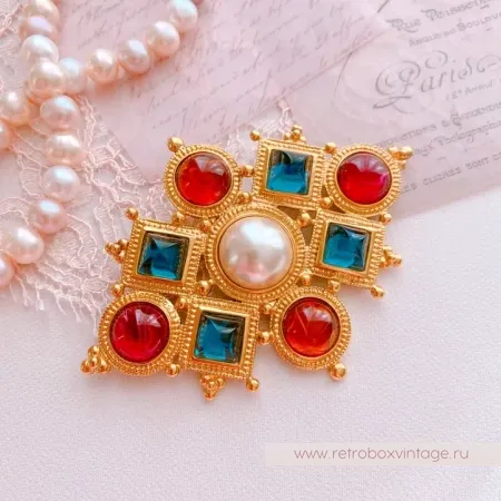 BEN AMUN Брошь "Византия" с цветными кабошонами и жемчугом