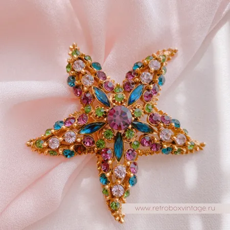 FLORENZA Брошь "Морская звезда: аметист-изумруд"
