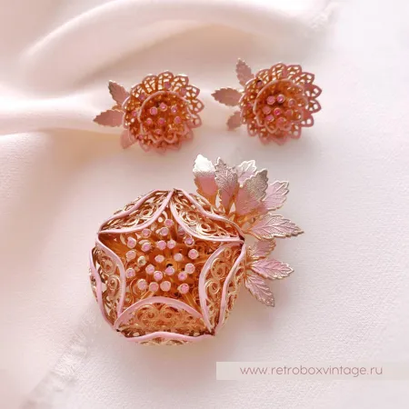VENDOME Брошь и клипсы «Розовые ажурные хризантемы»