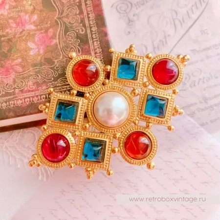 BEN AMUN Брошь "Византия" с цветными кабошонами и жемчугом