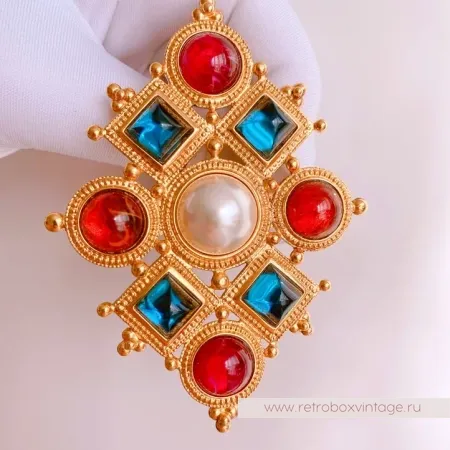 BEN AMUN Брошь "Византия" с цветными кабошонами и жемчугом