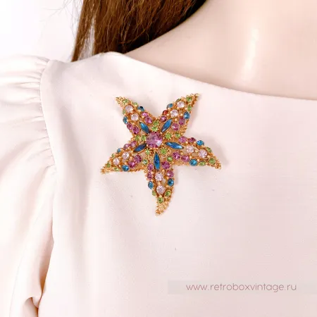 FLORENZA Брошь "Морская звезда: аметист-изумруд"