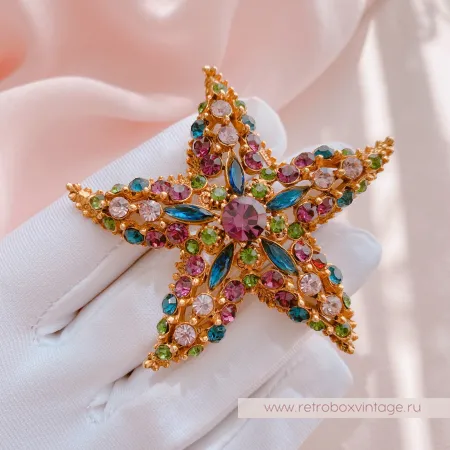 FLORENZA Брошь "Морская звезда: аметист-изумруд"