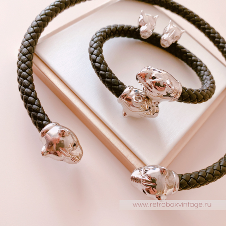 UVELINA Браслет "Серебристые пантеры: черные кристаллы" плетеная кожа