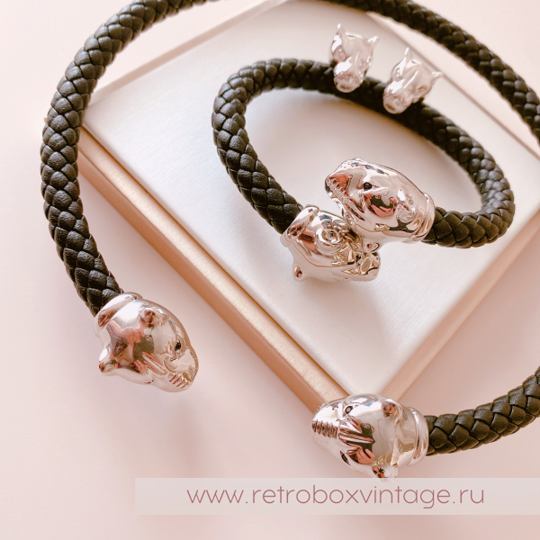 UVELINA Браслет "Серебристые пантеры: черные кристаллы" плетеная кожа