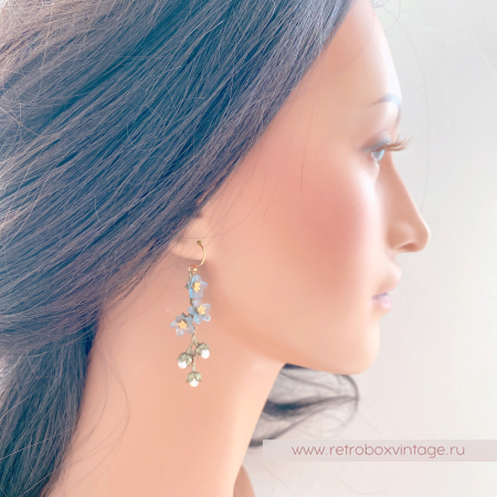 MICHAEL MICHAUD Серьги удлиненные "Три голубые незабудки с жемчугом"