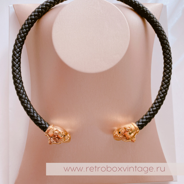 UVELINA Ожерелье-чокер "Золотые пантеры: черные кристаллы" плетеная кожа
