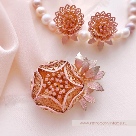 VENDOME Брошь и клипсы «Розовые ажурные хризантемы»