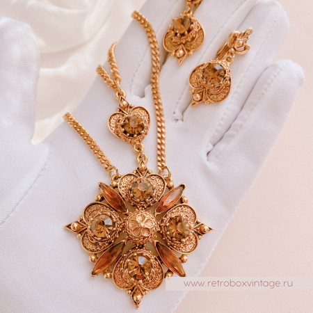 FLORENZA Комплект "Маркиза: медовые кристаллы" ожерелье и клипсы