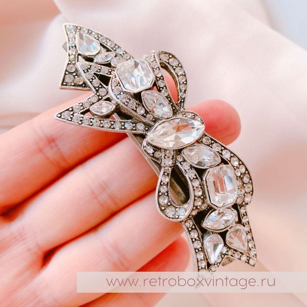 SWEET ROMANCE Заколка-автомат "Бант: прозрачные кристаллы в серебре"