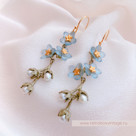 MICHAEL MICHAUD Серьги удлиненные "Три голубые незабудки с жемчугом"