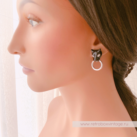 UVELINA Серьги "Черные пантеры с серебристым кольцом"
