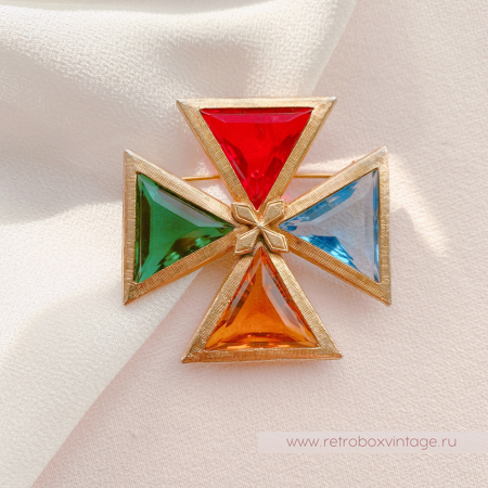 NO NAME Брошь-кулон «Тайны алхимии: кристальный цветной мальтийский крест»