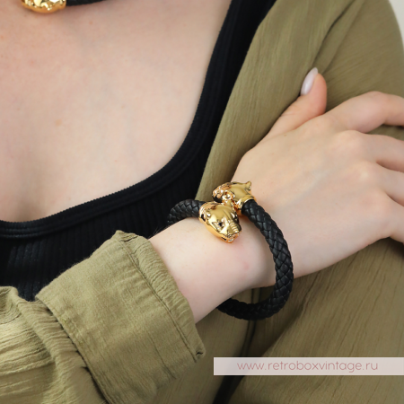 UVELINA Браслет "Золотые пантеры: черные кристаллы" плетеная кожа