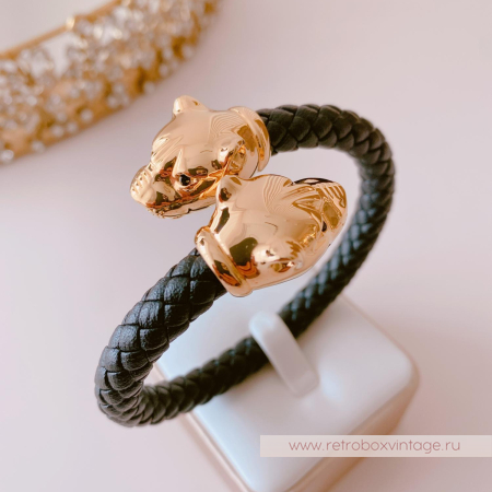 UVELINA Браслет "Золотые пантеры: черные кристаллы" плетеная кожа