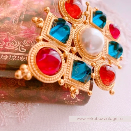 BEN AMUN Брошь "Византия" с цветными кабошонами и жемчугом