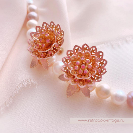 VENDOME Брошь и клипсы «Розовые ажурные хризантемы»