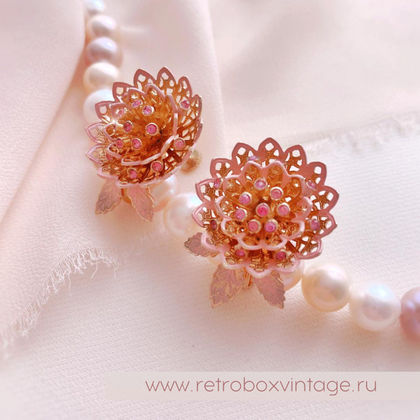 VENDOME Брошь и клипсы «Розовые ажурные хризантемы»