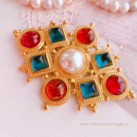 BEN AMUN Брошь "Византия" с цветными кабошонами и жемчугом