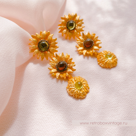 MICHAEL MICHAUD Серьги "Подсолнухи Ван Гога: три цветка" (янтарь, перидот)