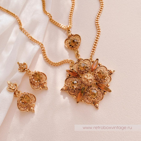 FLORENZA Комплект "Маркиза: медовые кристаллы" ожерелье и клипсы