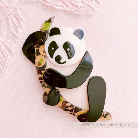 LEA STEIN Брошь «Панда: молочно-черная» черно-оливковый бамбук