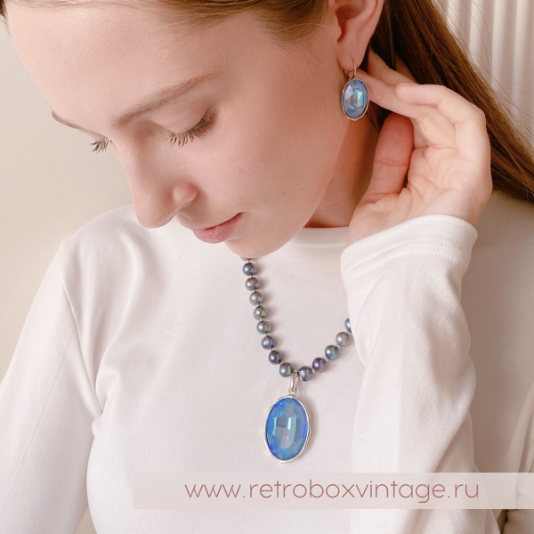UVELINA Колье-бусы "Моя муза: голубой океан" с натуральным жемчугом