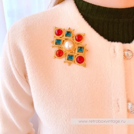 BEN AMUN Брошь "Византия" с цветными кабошонами и жемчугом