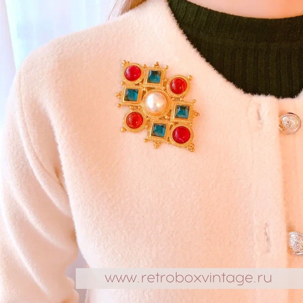 BEN AMUN Брошь "Византия" с цветными кабошонами и жемчугом