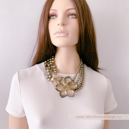 ALEXIS BITTAR Ожерелье-бусы "Шоколадные цветы и жемчуг" трамблер (кварц, лабрадорит, моховой агат)