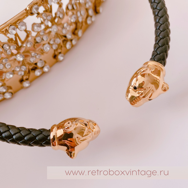 UVELINA Ожерелье-чокер "Золотые пантеры: черные кристаллы" плетеная кожа