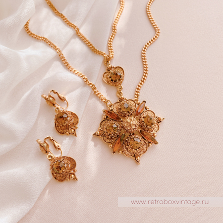FLORENZA Комплект "Маркиза: медовые кристаллы" ожерелье и клипсы