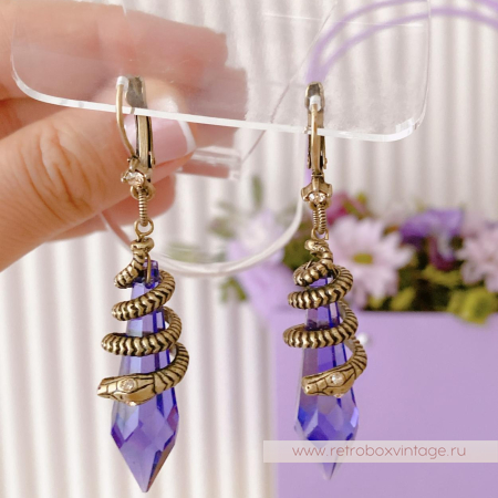 SWEET ROMANCE Серьги "Змейка и магический кристалл: аметист в бронзе" (с нюансом)