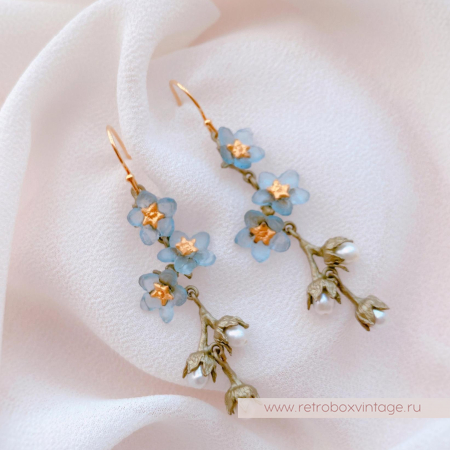 MICHAEL MICHAUD Серьги удлиненные "Три голубые незабудки с жемчугом"