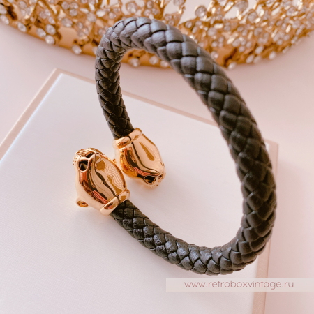 UVELINA Браслет "Золотые пантеры: черные кристаллы" плетеная кожа