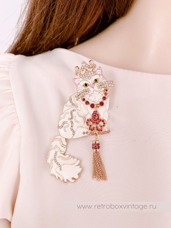 RITZY COUTURE Брошь-кулон «Белая королева кошек: золото»