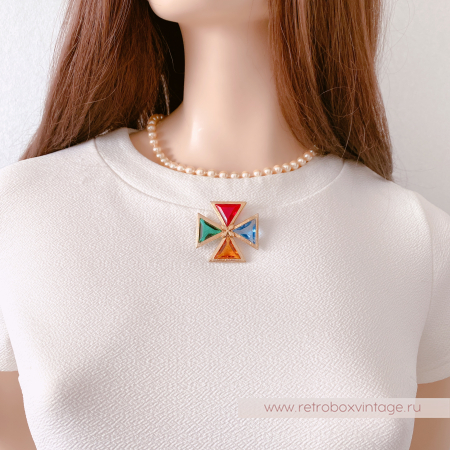 NO NAME Брошь-кулон «Тайны алхимии: кристальный цветной мальтийский крест»