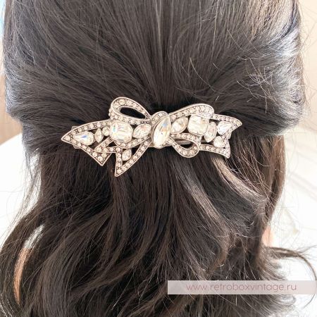 SWEET ROMANCE Заколка-автомат "Бант: прозрачные кристаллы в серебре"