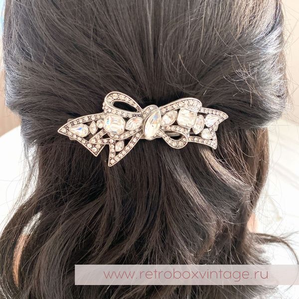 SWEET ROMANCE Заколка-автомат "Бант: прозрачные кристаллы в серебре"