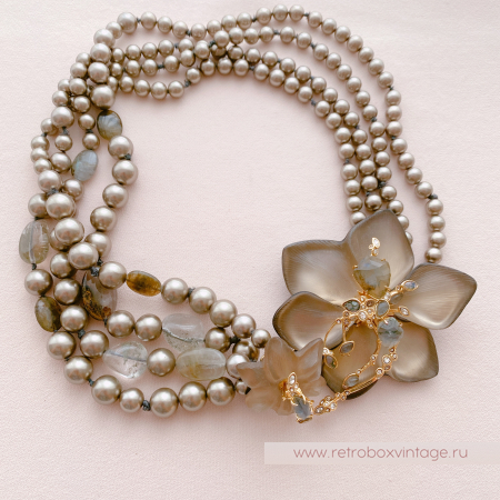 ALEXIS BITTAR Ожерелье-бусы "Шоколадные цветы и жемчуг" трамблер (кварц, лабрадорит, моховой агат)