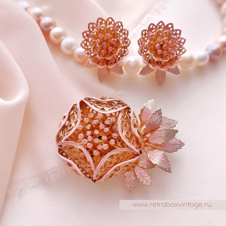 VENDOME Брошь и клипсы «Розовые ажурные хризантемы»