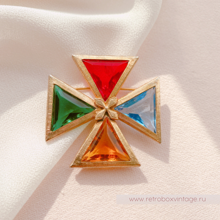 NO NAME Брошь-кулон «Тайны алхимии: кристальный цветной мальтийский крест»