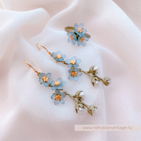 MICHAEL MICHAUD Серьги удлиненные "Три голубые незабудки с жемчугом"