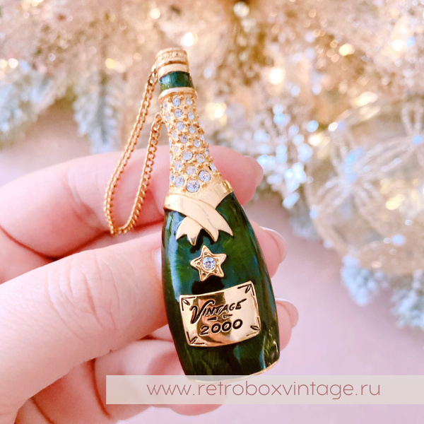 GRAZIANO Брошь "Бутылка шампанского" с автоматической пробкой на цепочке