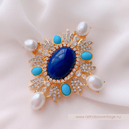 KJL / KENNETH J LANE Брошь-кулон "Аристократка: жемчужная с синим и бирюзовыми кабошонами"