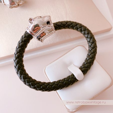 UVELINA Браслет "Серебристые пантеры: черные кристаллы" плетеная кожа