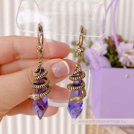 SWEET ROMANCE Серьги "Змейка и магический кристалл: аметист в бронзе" (с нюансом)