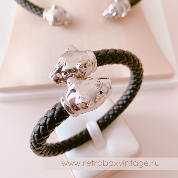 UVELINA Браслет "Серебристые пантеры: черные кристаллы" плетеная кожа